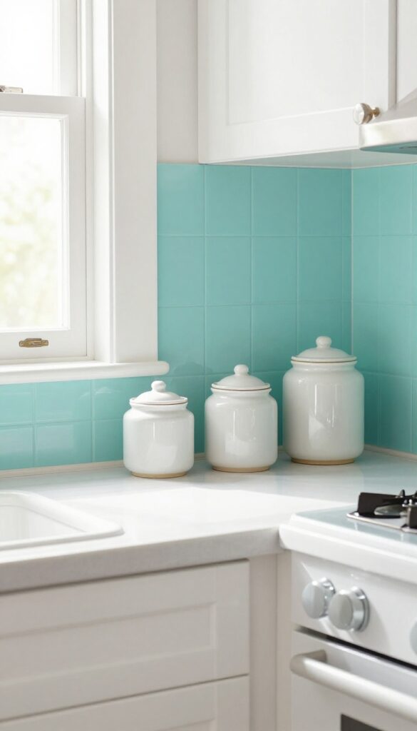 Bright turquoise painted backsplash behind a white stove in a Mexican-inspired kitchen