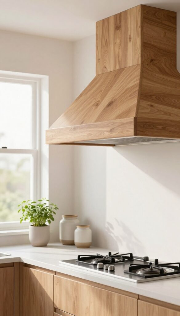 Kitchen with decorative wood range hood cover, natural light, clean composition, bright and airy
