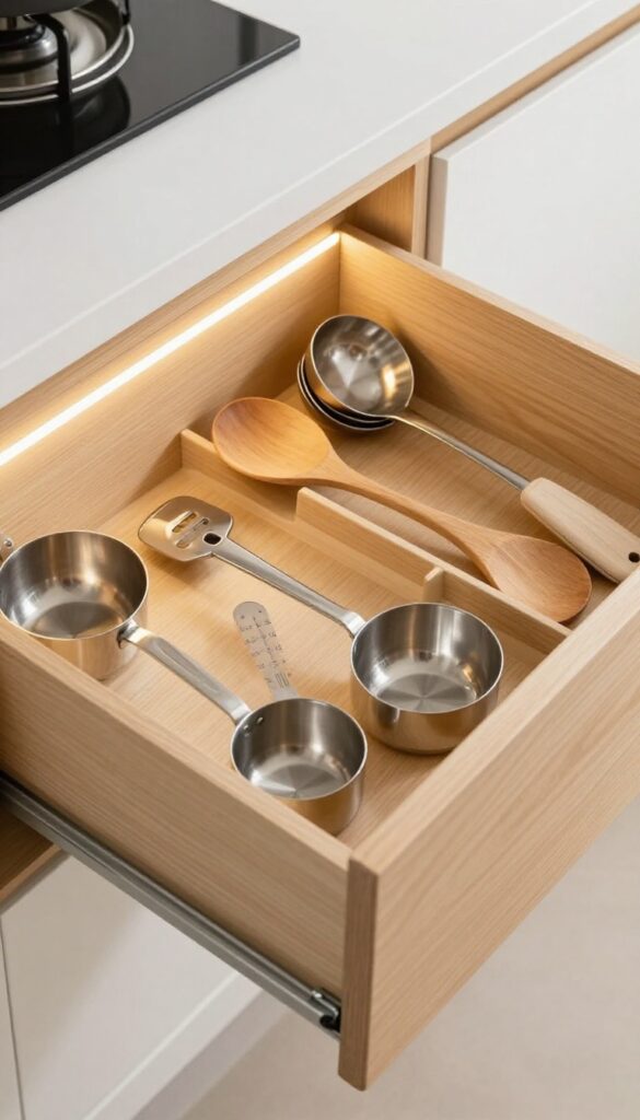 Open kitchen drawer with integrated LED lighting illuminating organized utensils and tools.