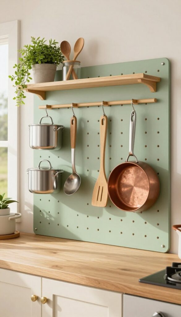 Camper kitchen pegboard with hanging pots, pans, and utensils in a cozy, organized setup