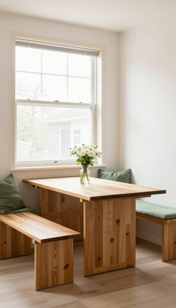 Kitchen window seat with fold-down table in a sunny breakfast corner