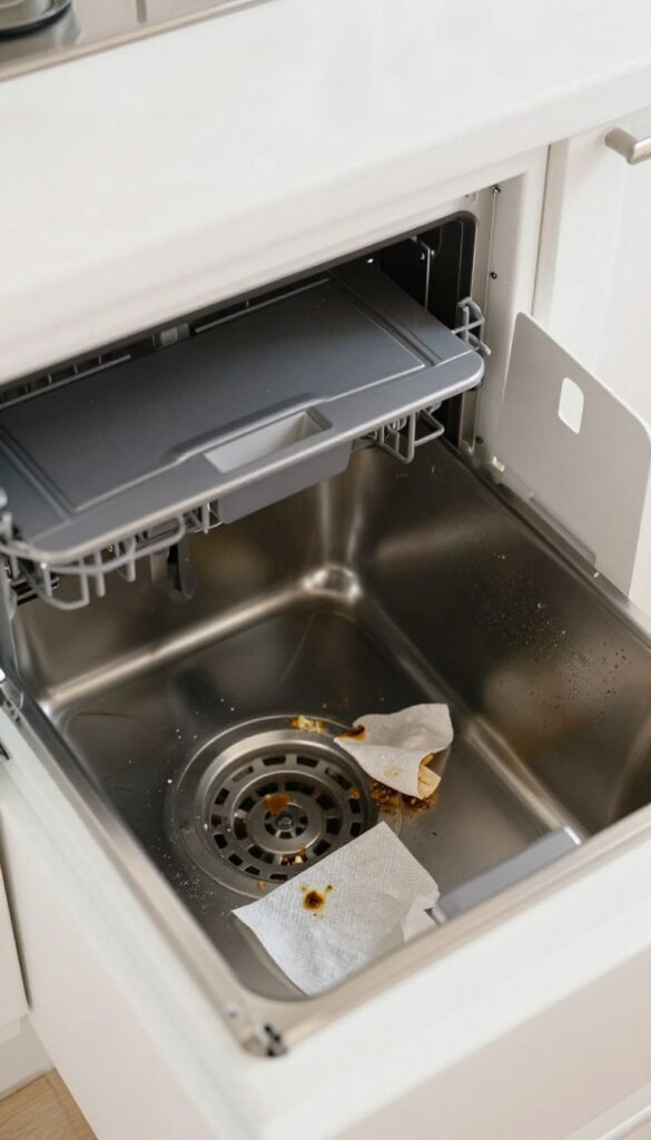 Dishwasher drain with debris and removed cover, ready for cleaning