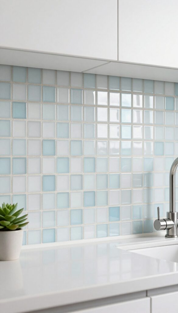 Close-up of a glass mosaic tile backsplash in a small kitchen, with frosted white and pale blue tiles catching natural light.