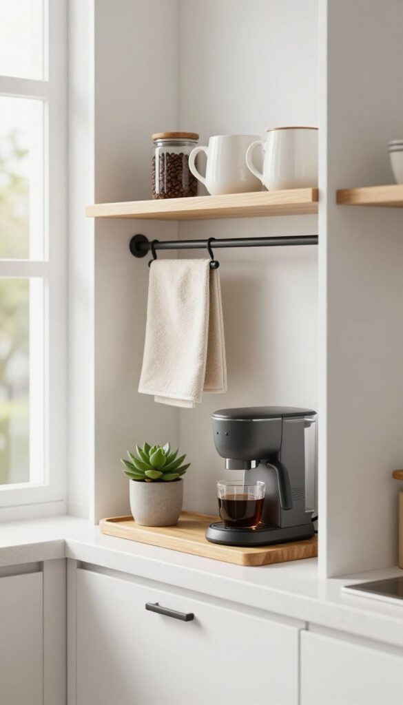 Coffee station on kitchen cabinet end with shelf, mugs, and coffee maker