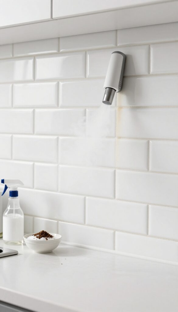 Steam cleaning kitchen tile grout with a handheld steamer, baking soda and vinegar nearby.