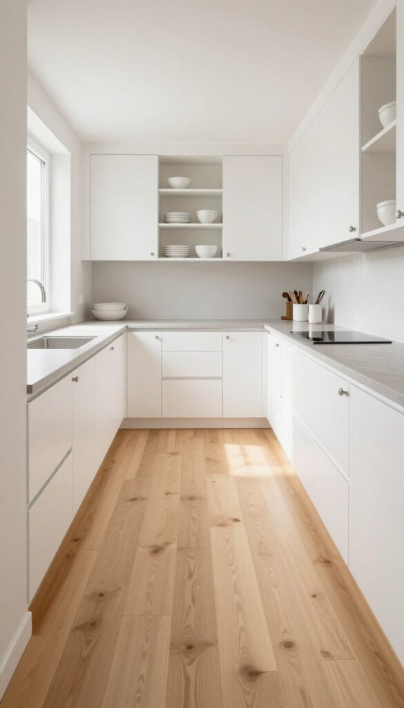 Light and airy narrow kitchen with continuous light wood flooring, white cabinets, and natural light.