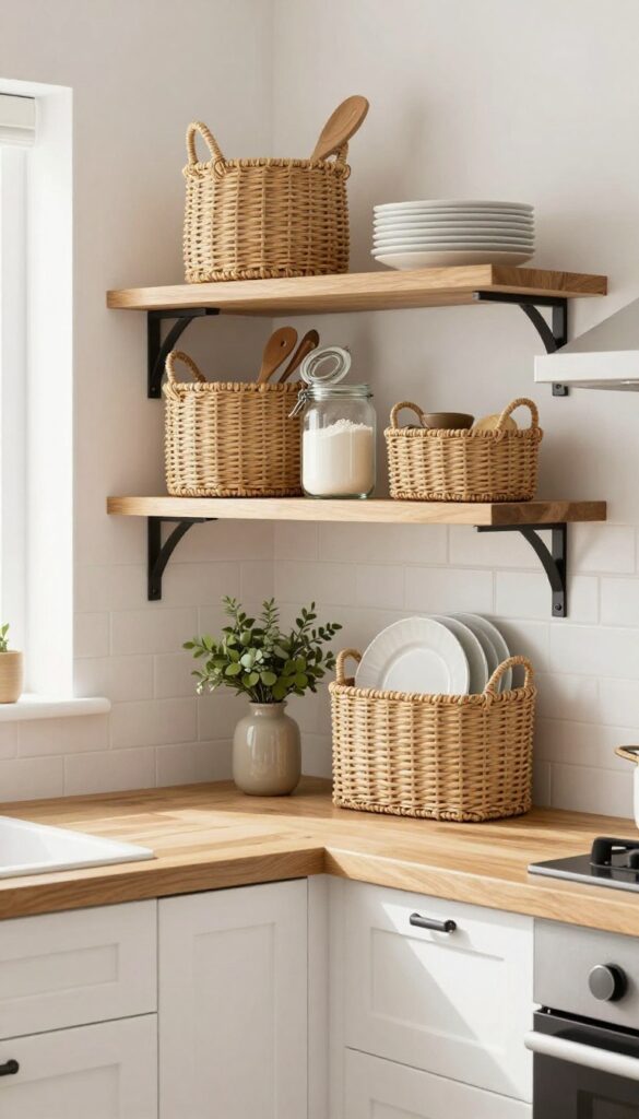 Open shelving with woven baskets in a bright Bloxburg kitchen