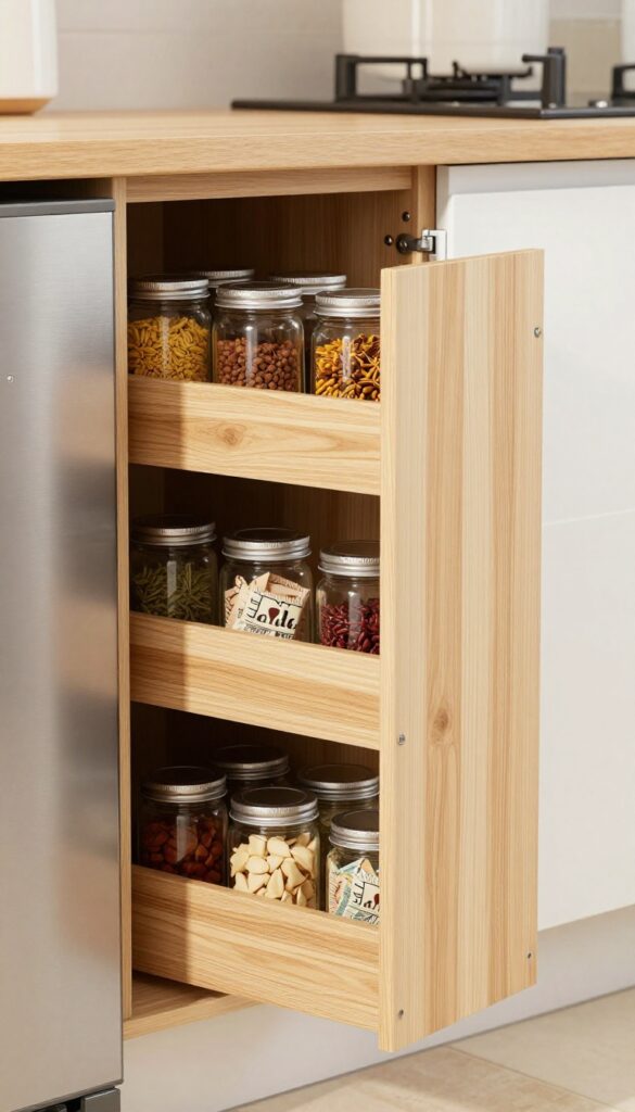 Slim pull-out pantry beside refrigerator in Indian kitchen with organized spices and dry goods.