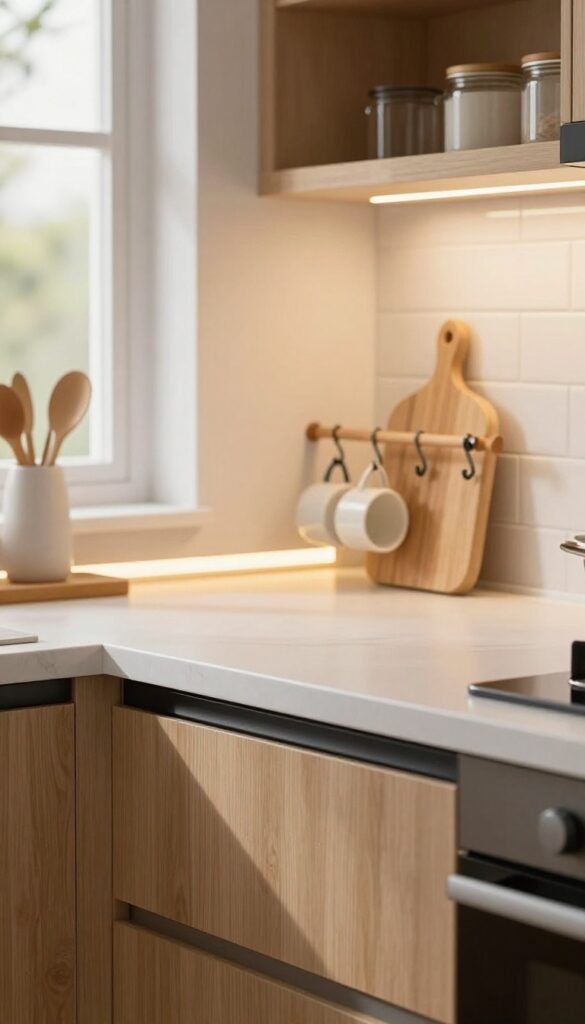 Under-cabinet lighting and storage rail in a warm cozy kitchen