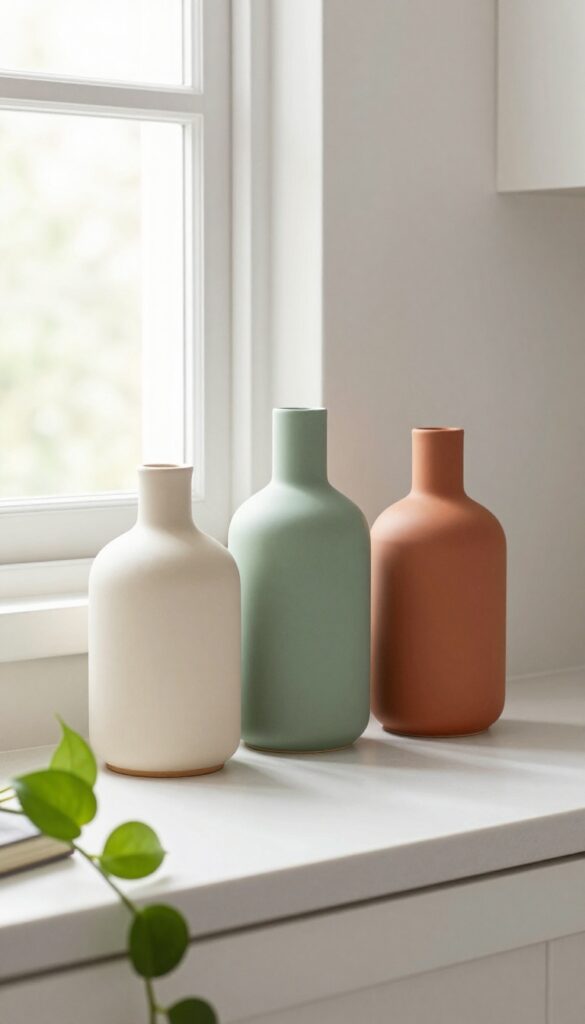 Three ceramic vases in cream, sage green, and terracotta grouped on a kitchen shelf with a trailing pothos plant and a cookbook.