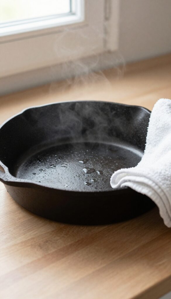 Cast iron skillet being dried with a towel on a kitchen counter, steam rising, bright natural light