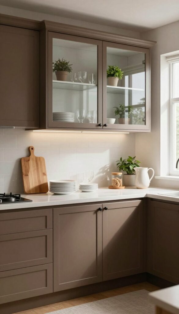 Brown kitchen cabinets with glass-front upper doors, neatly styled with white dishes and a plant, under warm natural light.