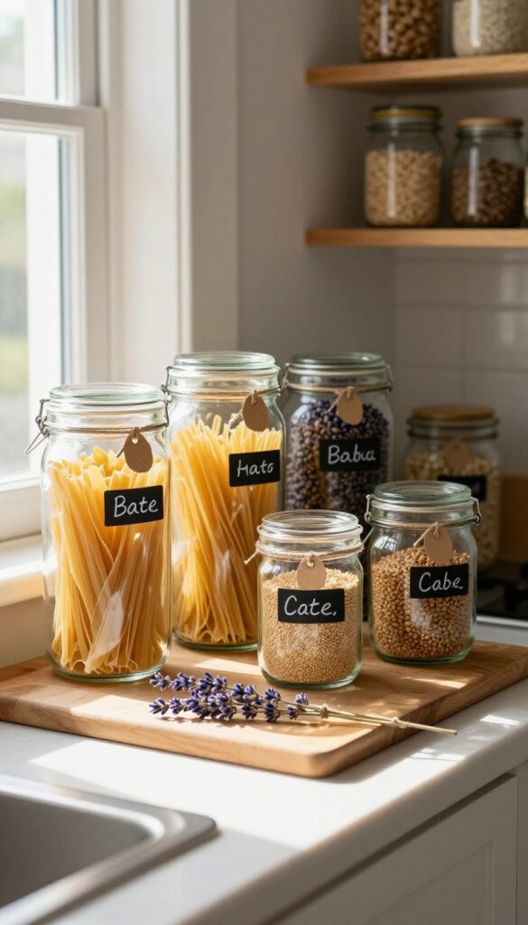 Glass jars with handwritten labels and twine on a kitchen countertop, filled with dry goods, warm natural light.