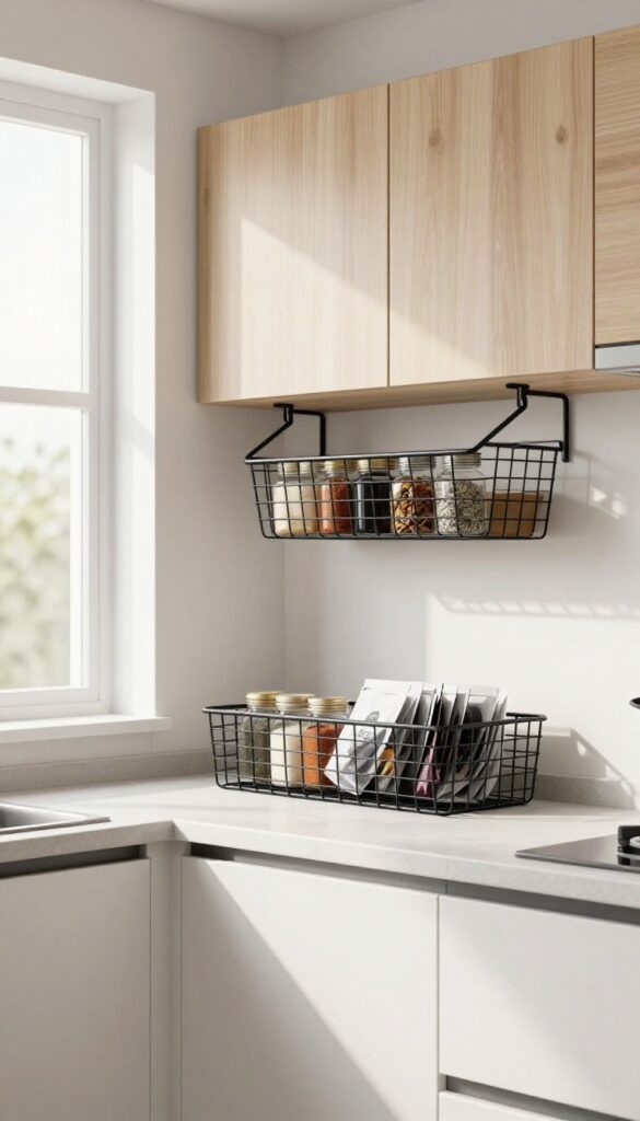 Under-shelf wire basket storing spices and tea bags in a bright kitchen