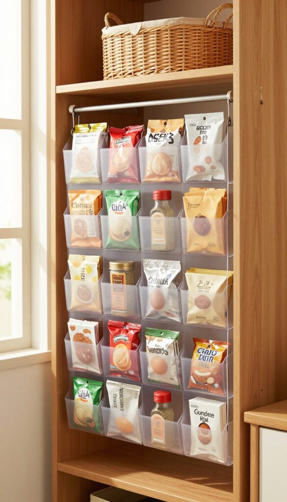 Clear over-the-door shoe organizer filled with snack packs and seasoning envelopes on a pantry door
