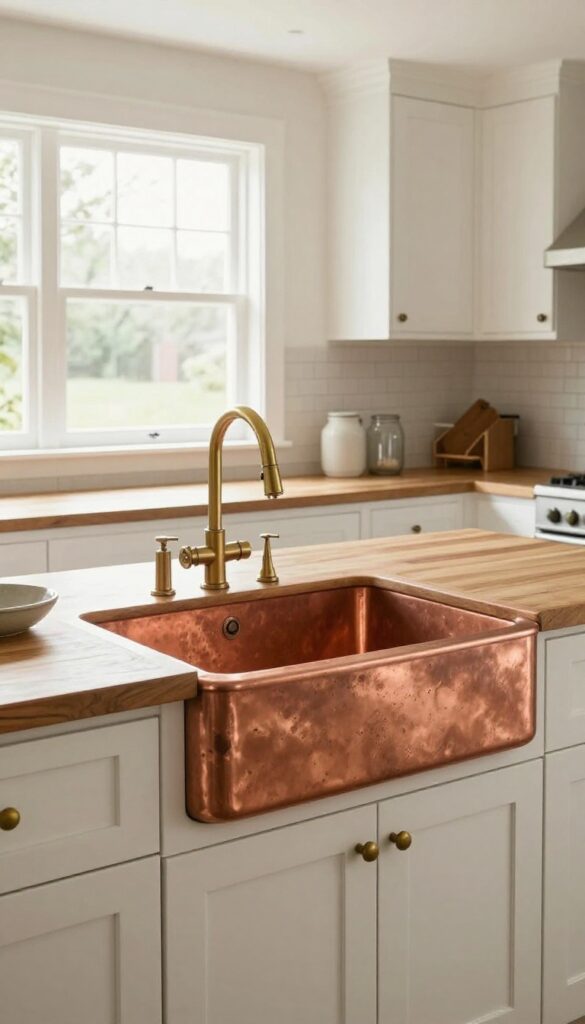 Copper farmhouse sink on a kitchen island with natural wood, white cabinetry, and stone countertops, featuring a brushed brass faucet and wooden cutting board.