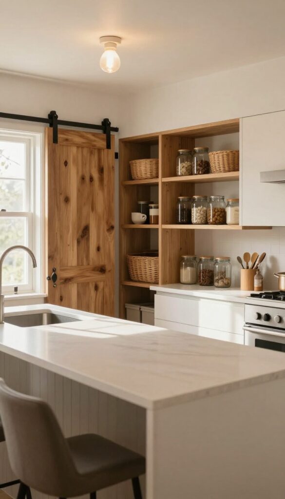 Modern kitchen with rustic sliding barn door revealing a well-organized walk-in pantry with open shelving and glass jars