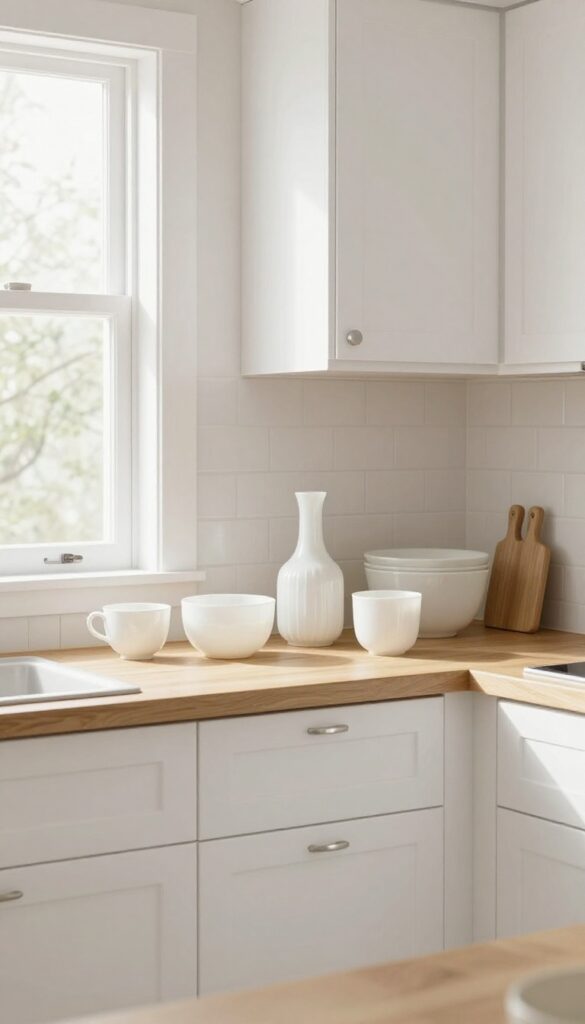 White ironstone and milk glass collection on top of kitchen cabinets
