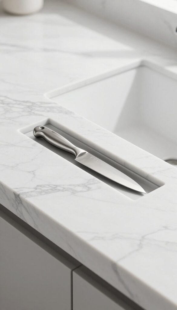 Marble countertop with integrated knife slot and magnetic strip in a bright, clean kitchen