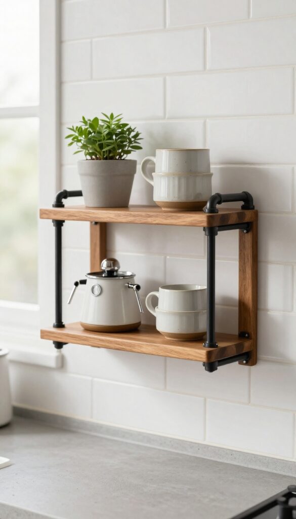 Mounted black iron pipe shelf with wooden plank holding coffee essentials in a small kitchen coffee corner