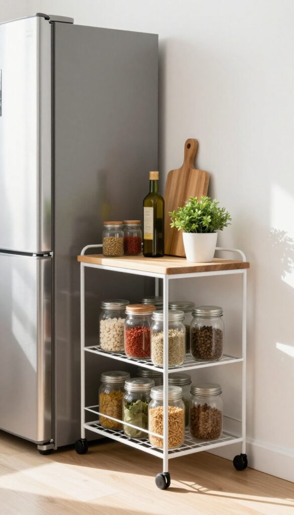 Slim rolling cart in gap between fridge and wall with spices and plant