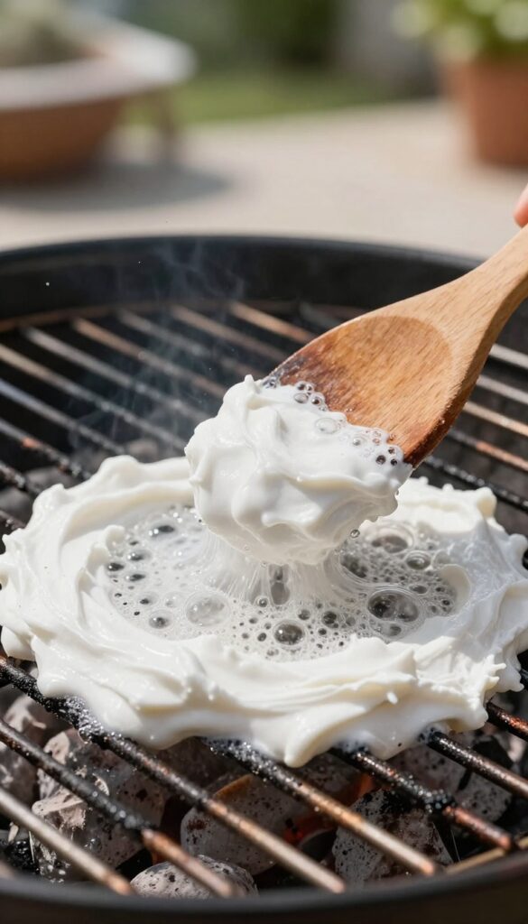 Vinegar and baking soda paste fizzing on grill grates to remove grease