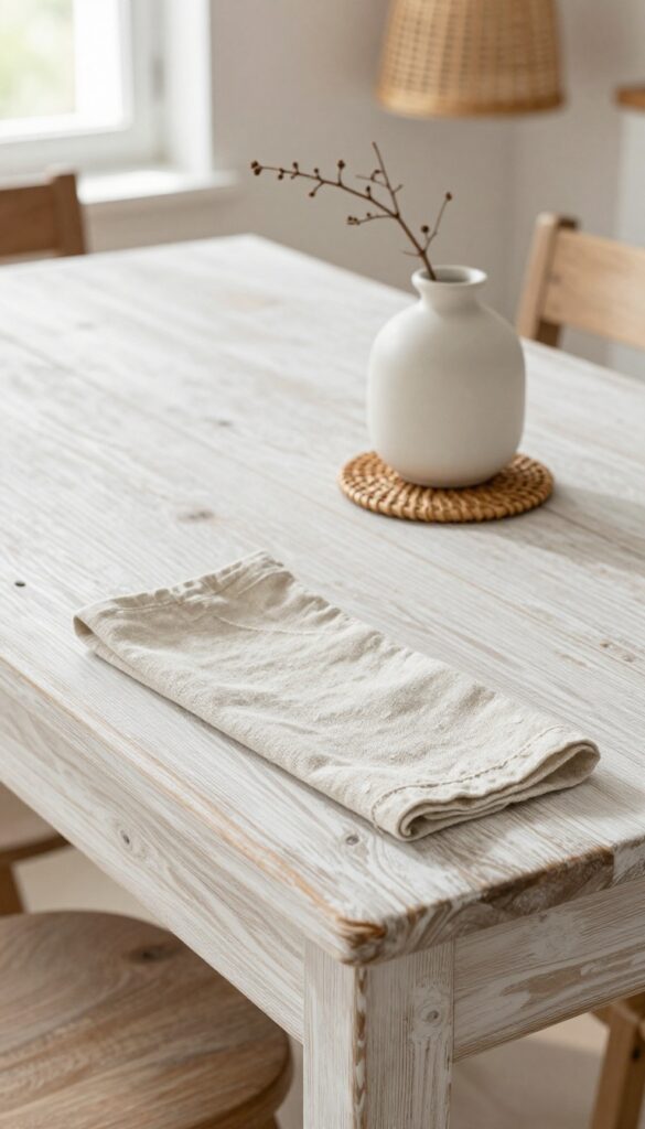 Whitewashed kitchen table with linen napkin and rattan decor in natural light