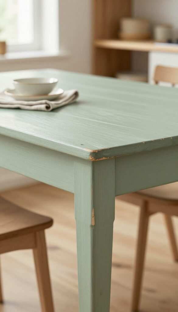 Close-up of a soft sage green chalk painted kitchen table with distressed edges, linen napkin, and ceramic dish, warm natural light, farmhouse style.