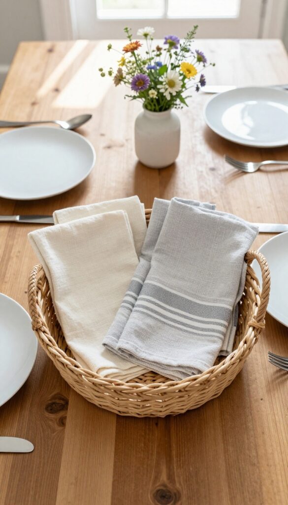 A woven basket filled with neatly folded cloth napkins sits on a rustic wooden dining table, surrounded by simple tableware and fresh flowers in bright natural light.