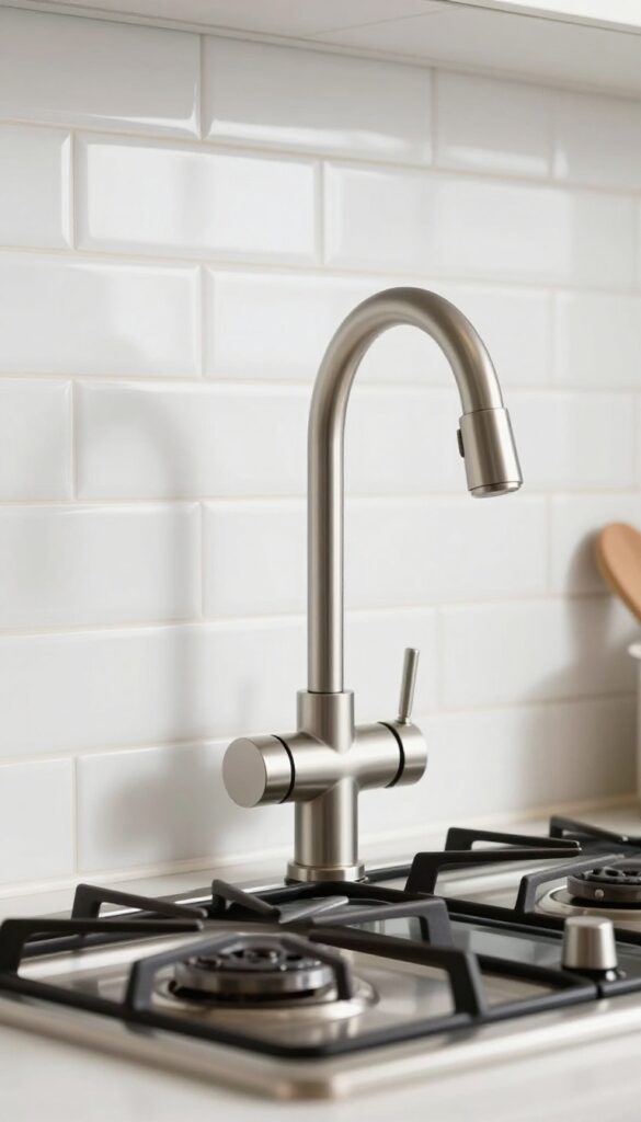 Modern kitchen stove area with a brushed nickel pot filler faucet mounted on a white subway tile backsplash, stove with a pot on the burner, natural light.