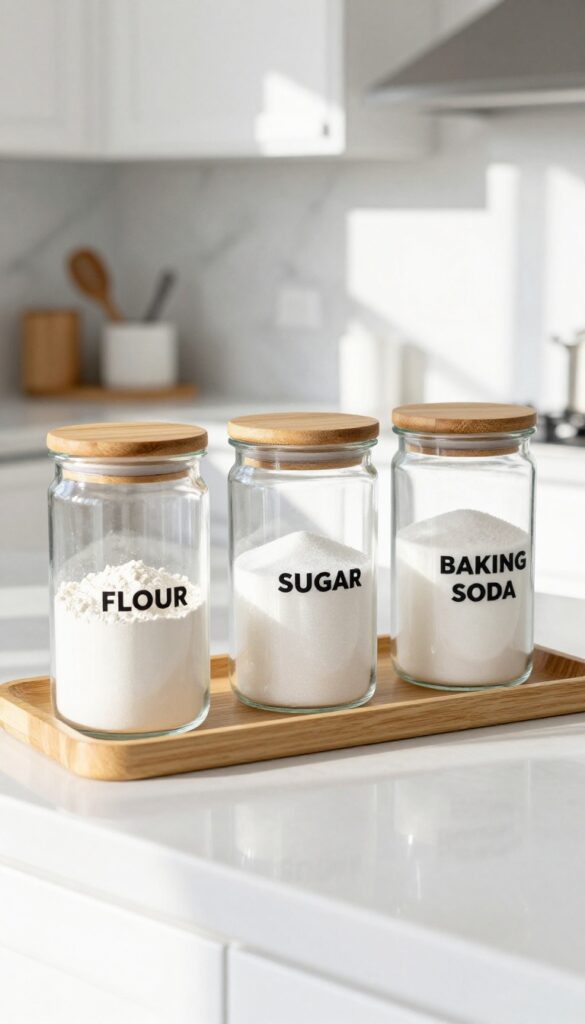 Three labeled glass canisters with bamboo lids on a kitchen counter, filled with flour, sugar, and baking soda, in bright natural light.
