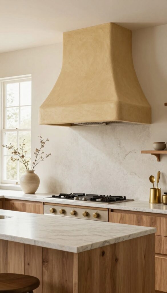 Southwest kitchen with a textured plaster range hood as a focal point, warm sand finish, matte surface, wood shelves, and natural light.