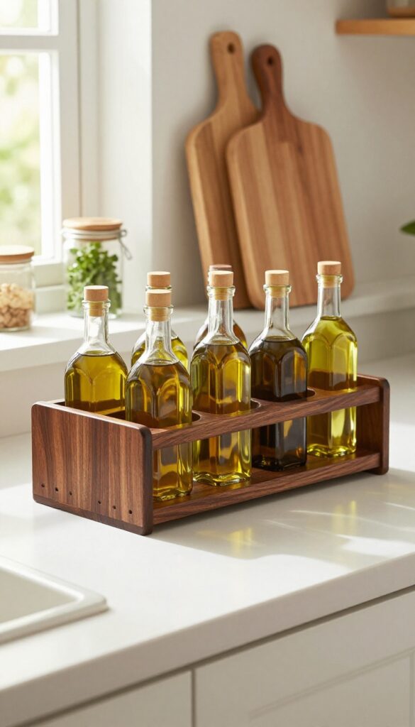 A wooden wine rack on a kitchen counter holding bottles of cooking oil, with natural light and rustic decor.