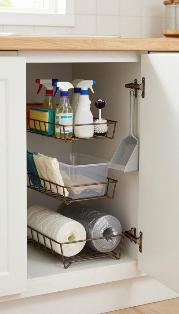 Organized under-sink cabinet with sliding drawers and tiered rack in farmhouse kitchen