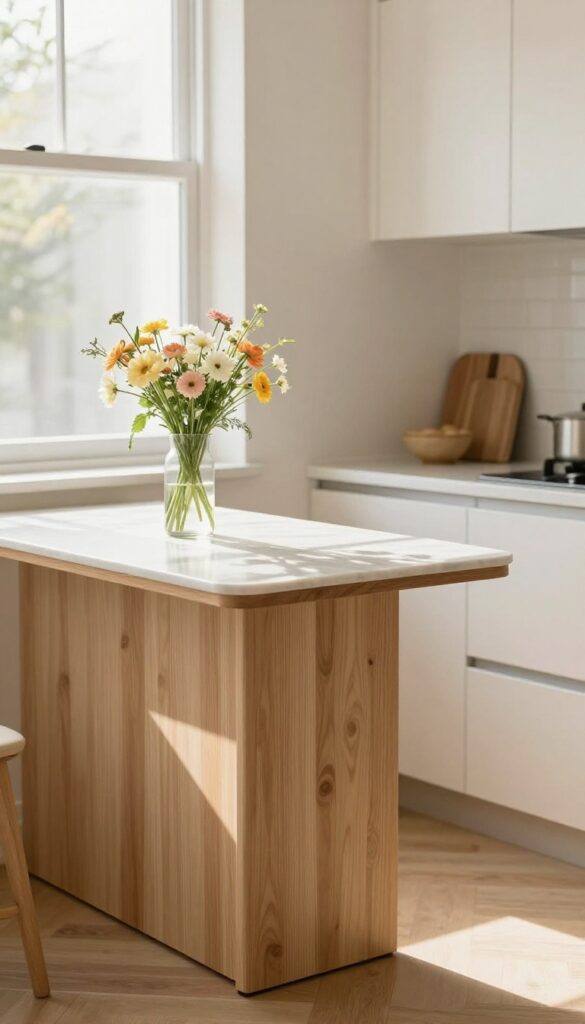 Slim pedestal table in a bright small kitchen with natural light