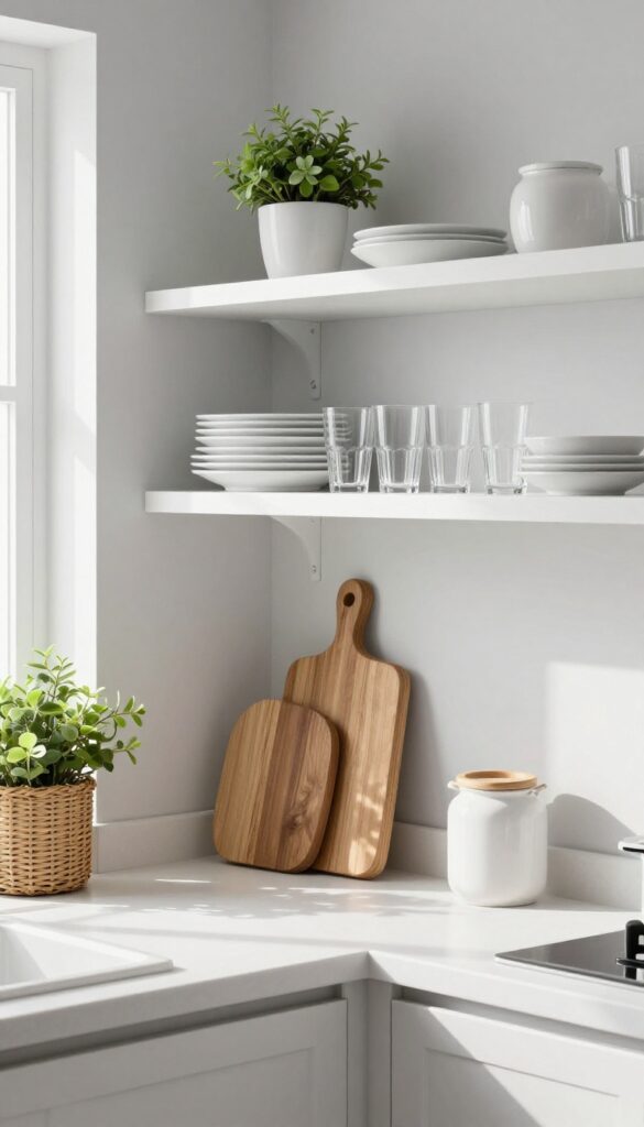 Open shelving in a small kitchen with white dishes, plants, and natural light
