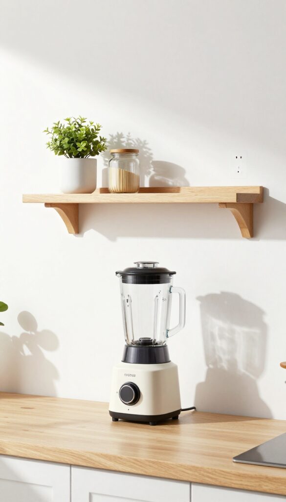 A floating shelf holds a blender above a clean kitchen counter, with a glass underneath for pouring.