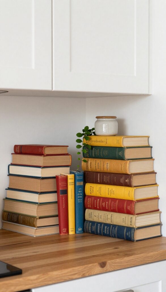 Vintage cookbooks stacked on top of upper kitchen cabinets with a small plant and ceramic jar for a cozy, budget-friendly display.