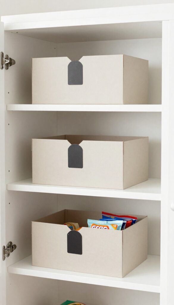 Shoe boxes covered in neutral contact paper used as pantry storage bins on a shelf