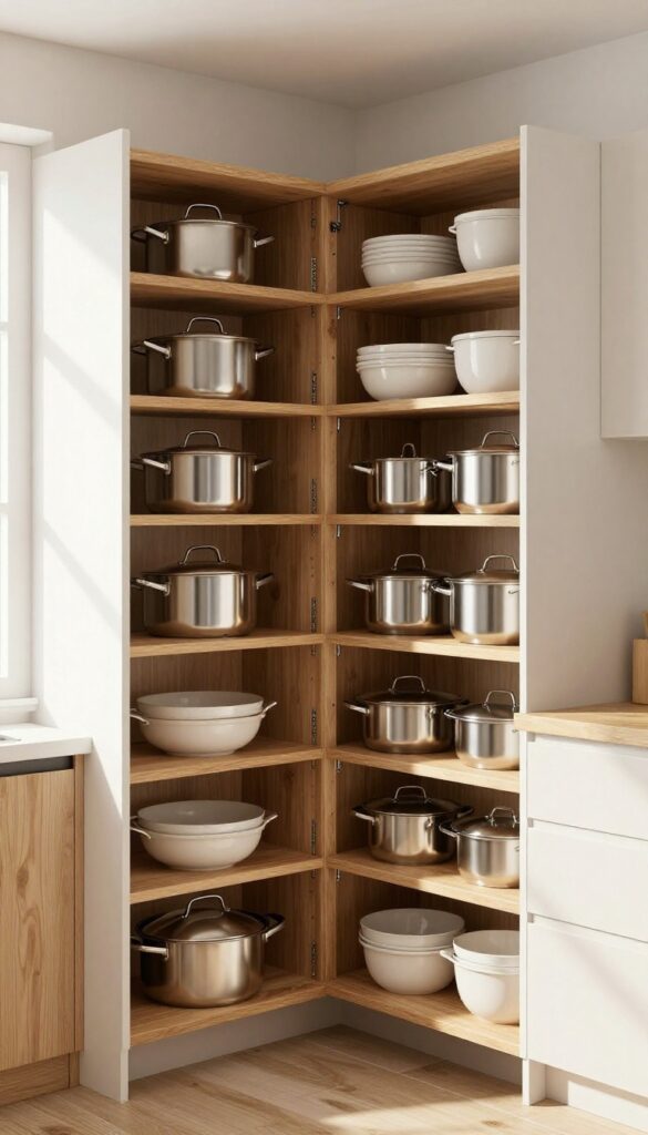 Pull-out shelves in a deep corner kitchen cabinet with organized pots and bowls