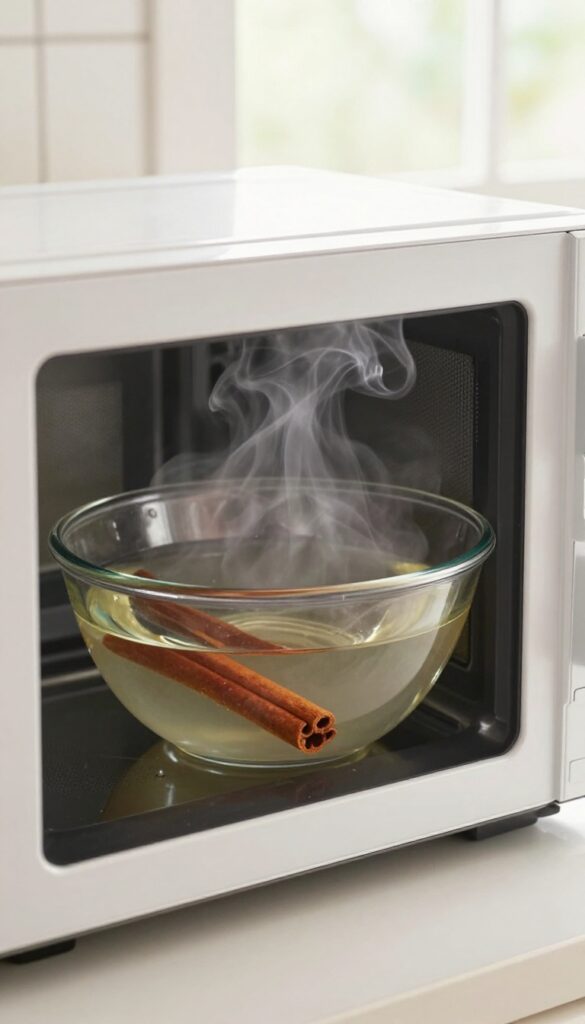 Microwave with a bowl of water and cinnamon stick steaming inside, clean kitchen setting.