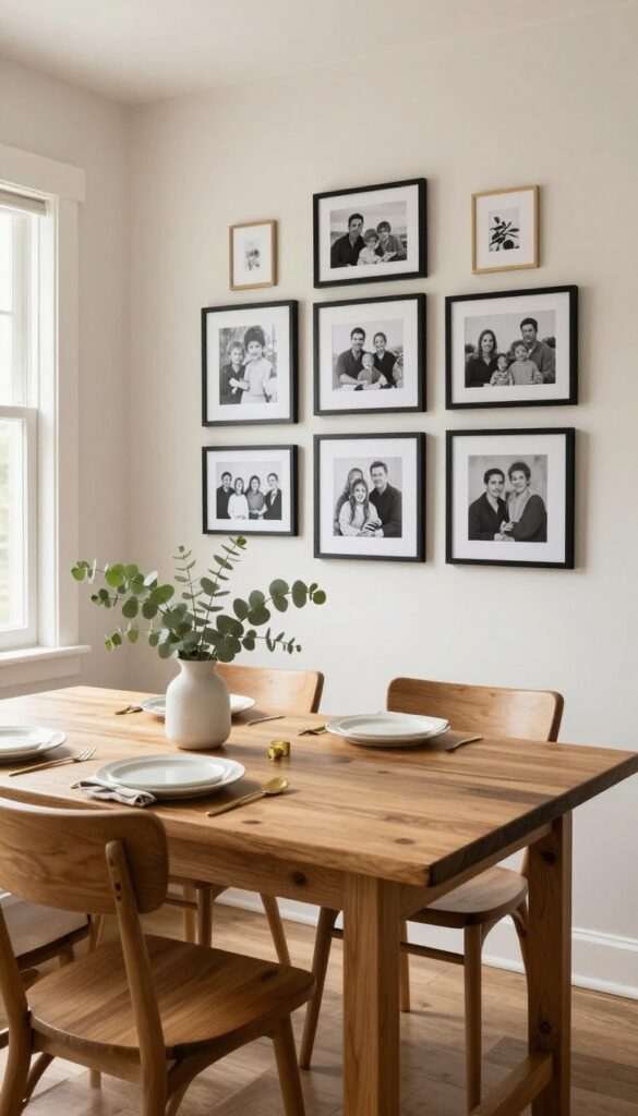 A cozy kitchen dining nook with a farmhouse table and an asymmetrical gallery wall of black frames with family photos and art prints.