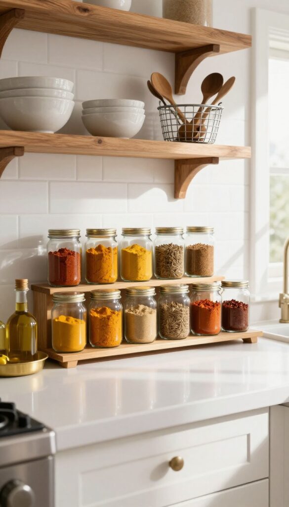 Open shelving in a small Indian kitchen with spice jars and utensils neatly arranged, bright natural light, warm wood tones.