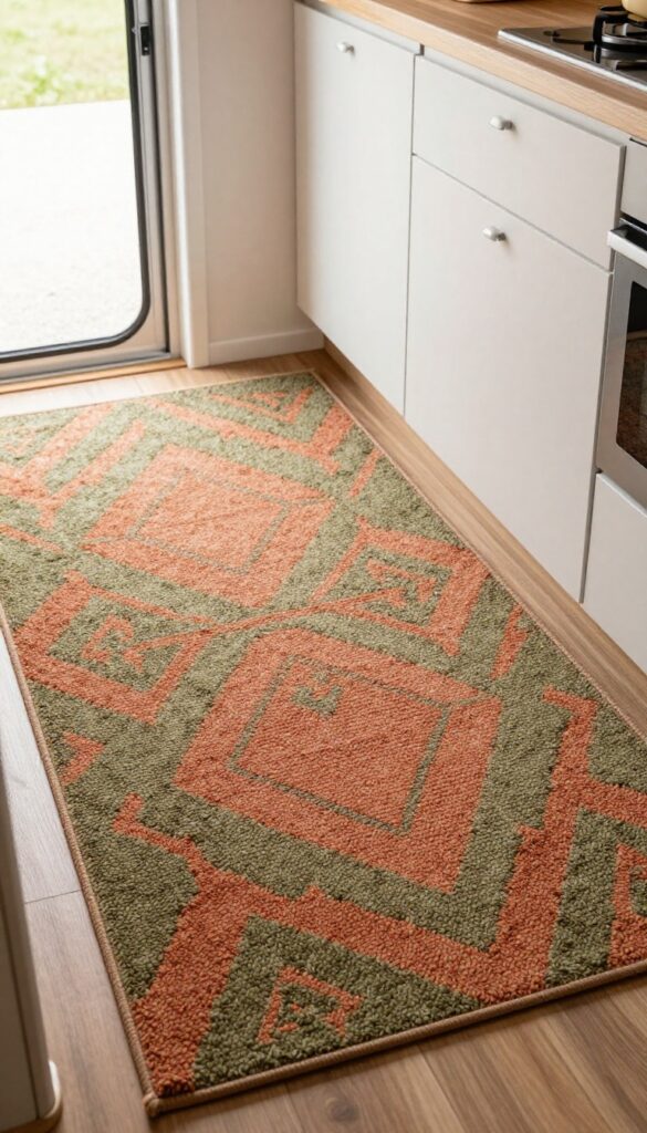 A soft patterned rug on the floor of a compact caravan kitchen, adding warmth and texture to the space.