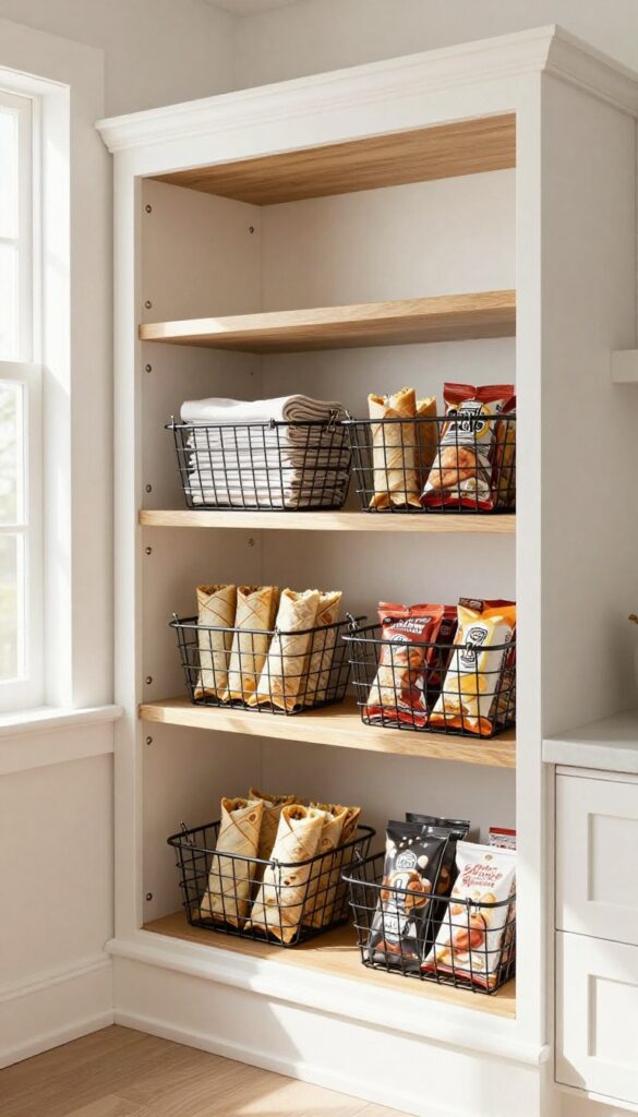 Under-shelf wire baskets in a butler's pantry storing napkins, wraps, and snacks, creating extra vertical storage.