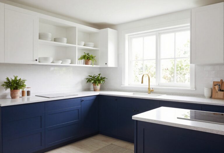 Modern kitchen with navy blue lower cabinets and white upper cabinets, brass hardware, and a bright window.
