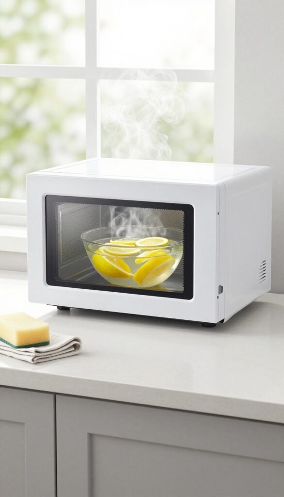 Microwave with lemon water steam cleaning, bowl inside, steam fogging window