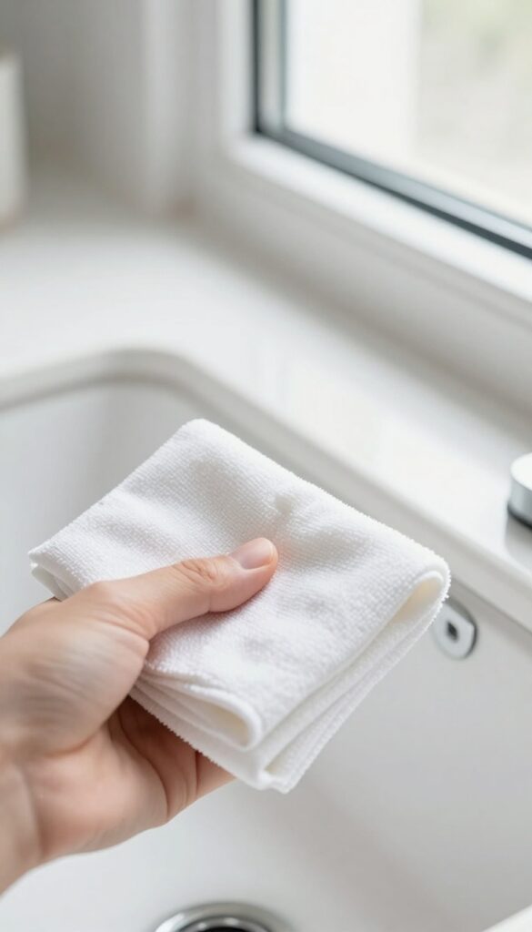 Hand buffing oven glass window with microfiber cloth for a streak-free shine
