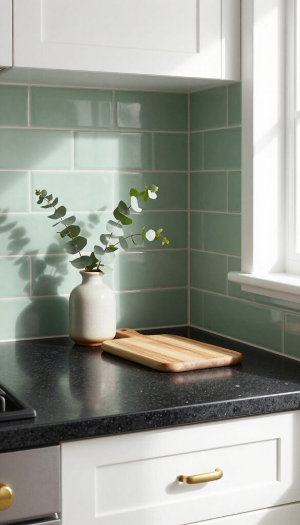 Black granite counter with sage green subway tile backsplash, eucalyptus in vase, natural light, cozy kitchen