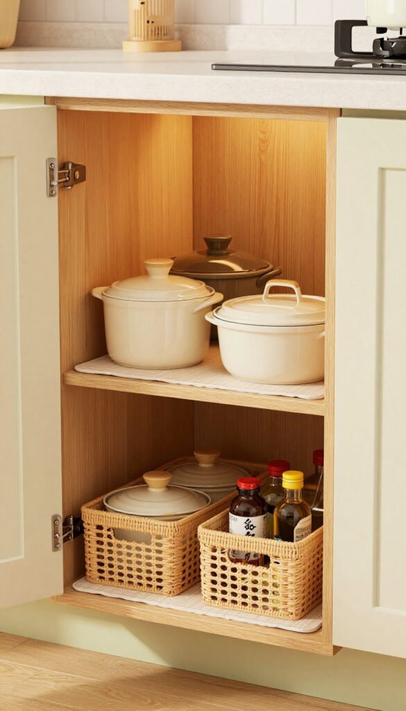 Warm cozy kitchen corner cabinet with pull-out shelves and lazy Susan, organized with pots, pans, and baskets in natural wood tones.